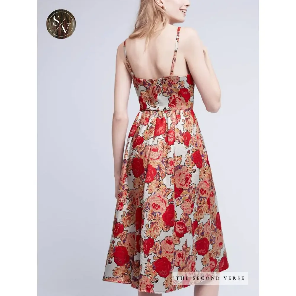 Rachel Antonoff Anthropologie Red Rose Midi Floral Dress Size 0 Petite - Picture 3 of 12